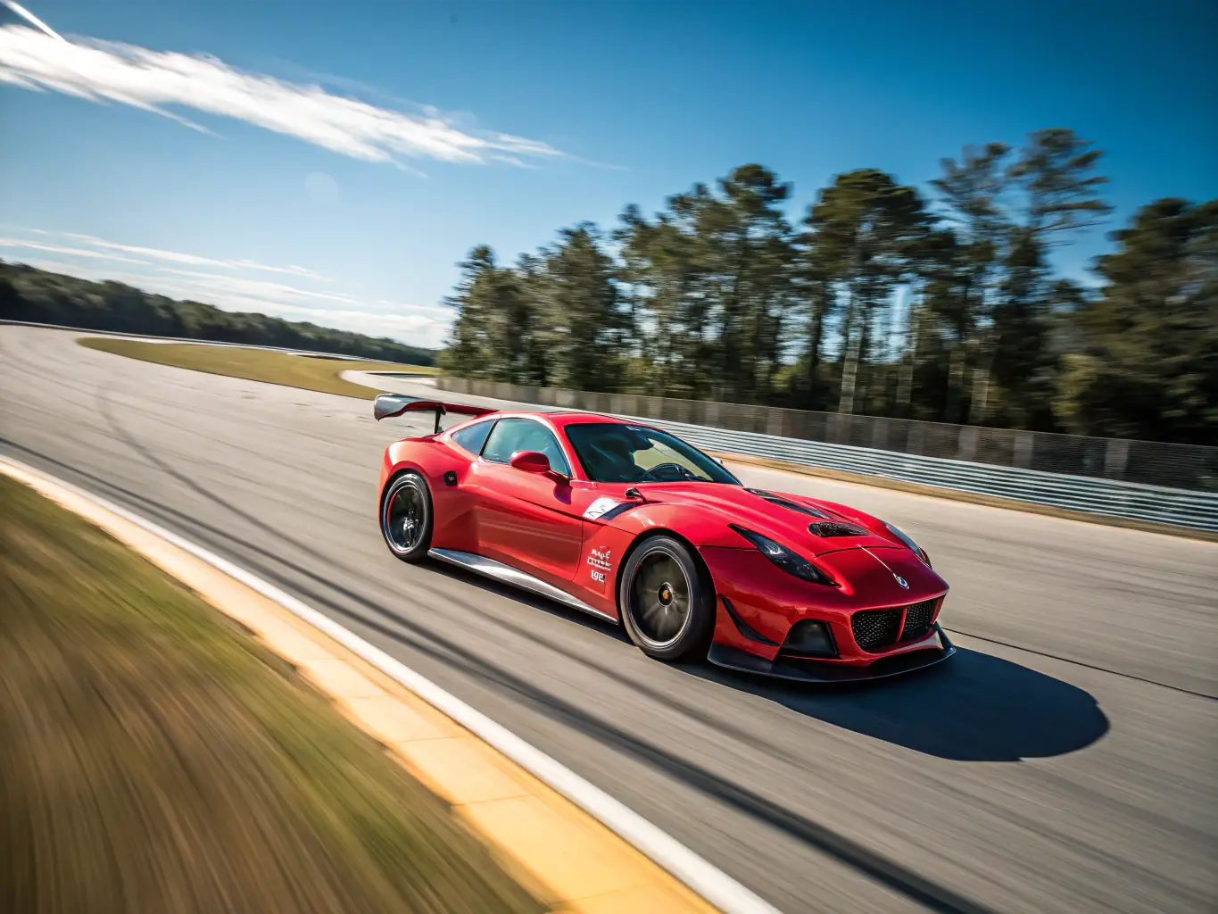 A dynamic shot of a race car speeding around a track during an Auto Sport Durenque event, showcasing the thrill and excitement of competitive driving.