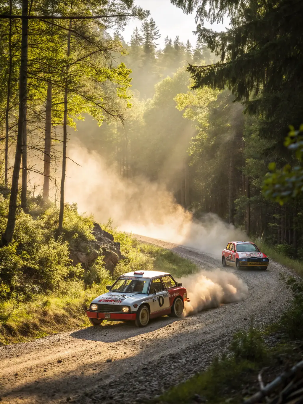 A high-speed action shot of a rally car drifting on a dirt track during the 'Rallye Durenque', showcasing the skill and excitement of the event.