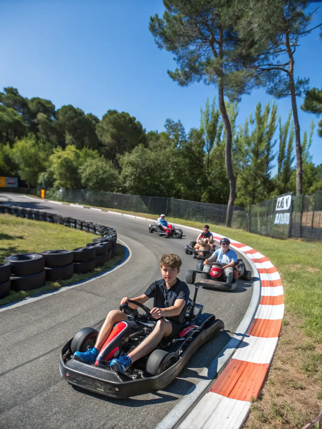 An image of a karting event at a local track, with young drivers competing, emphasizing the club's commitment to nurturing young talent.